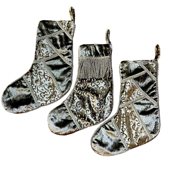 Lot of 3 Sage Green Lux Velvet Satin Trim Fringe Christmas Holiday Stockings 18” - Picture 1 of 6